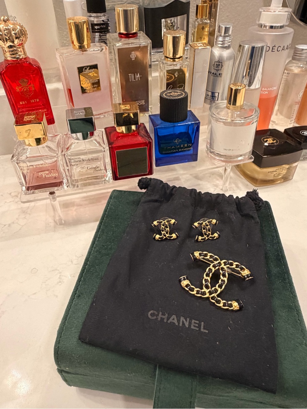 CHANEL Black and Gold Quilted Chain CC Brooch with Matching Earrings